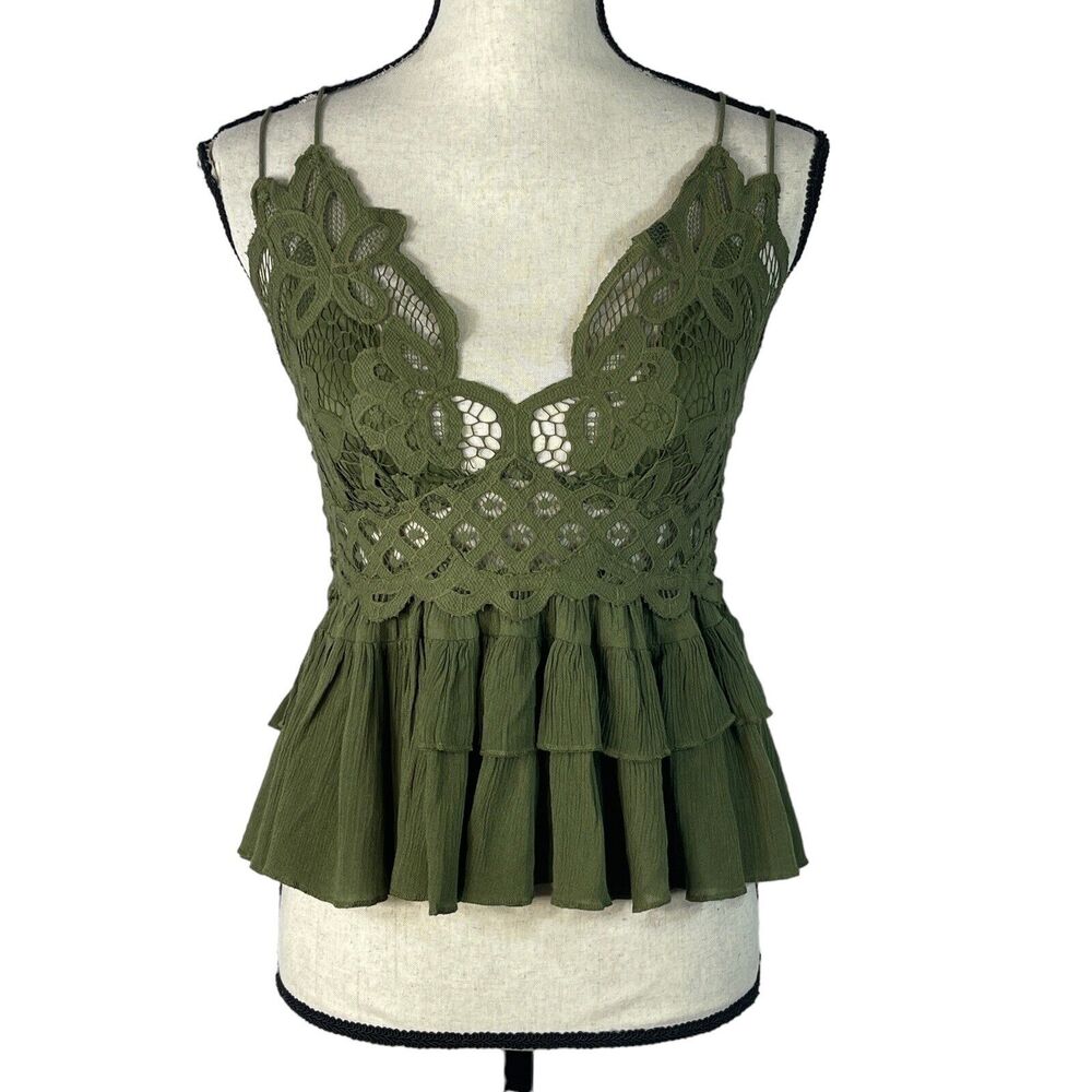 Free People Intimately Small Adella Cami Top Olive Sparrow Ruffled Crochet Lace